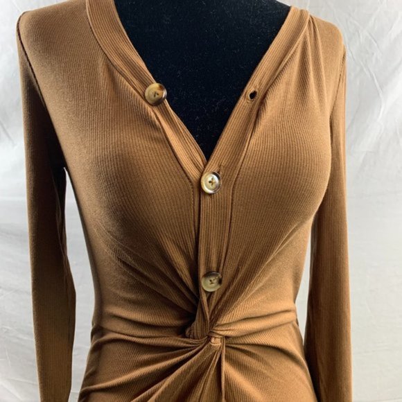 Viscose Cotton Front Twist Knot Ribbed Dress Brown. - Picture 8 of 8